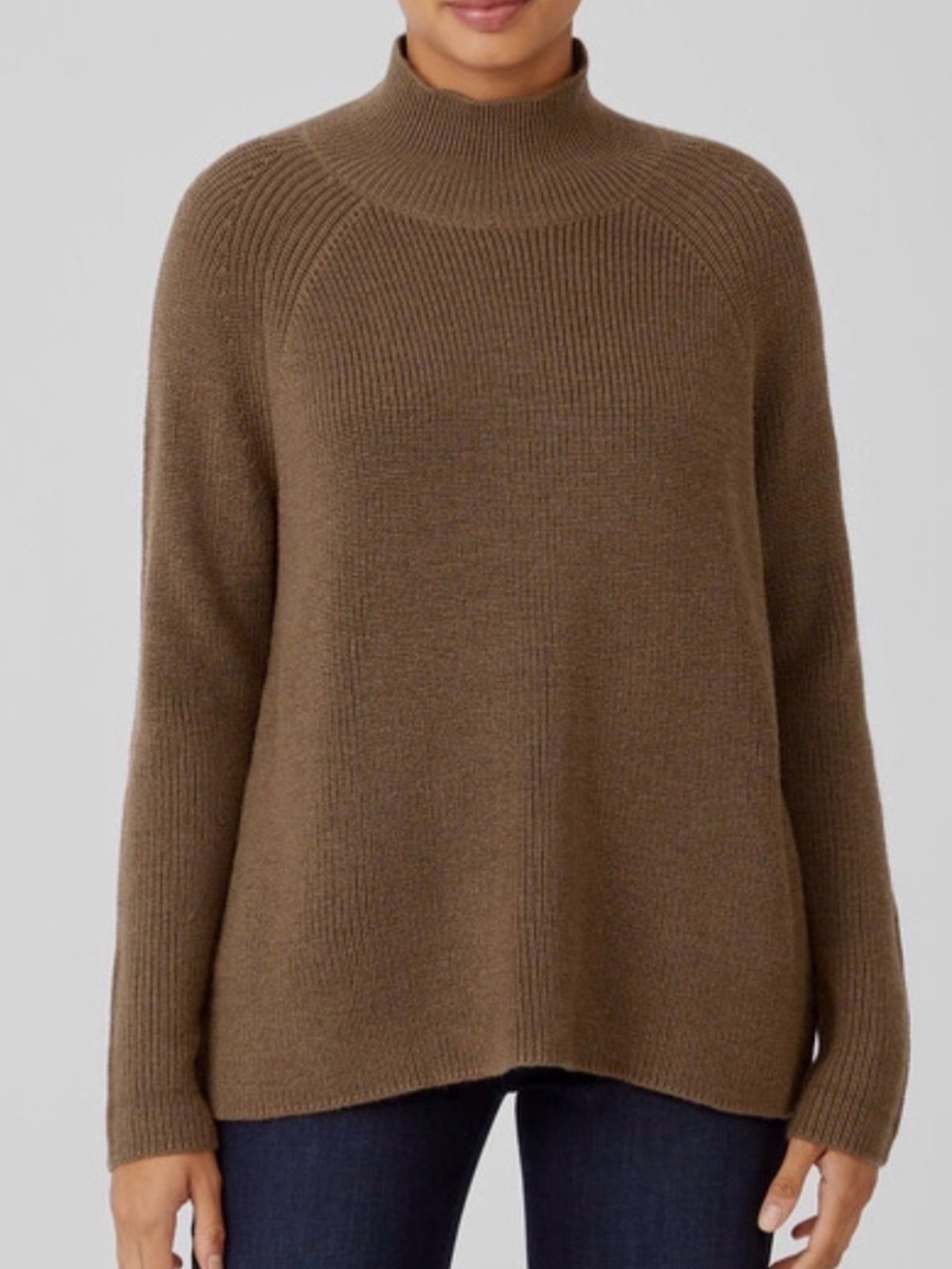 Eileen Fisher Womens Large Hazel Brown Merino Wool Boxy Mock Turtleneck Sweater